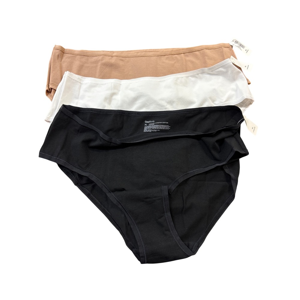 GapBody Organic Stretch Cotton Hipster Panties 3-Pack XL Black White Tan- NWT
